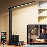 cozoo LED Desk Lamps for Home Office, Modern Dimmable Eye Caring Desk Light with USB Charging Ports AC Outlet, Pen Holder,Touch/Memory/Timer, Kids Small Table Lamp for Reading, Bedroom, Study, Craft