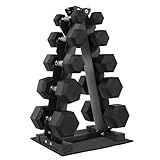 Fitvids Dumbbell Set with Rack, Rubber Coated Hex Dumbbell Weights in 150lbs, 5, 10, 15, 20, 25lbs Pair, Black
