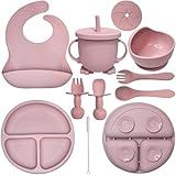 HippoBaby Baby Led Weaning Supplies |10 Piece Silicone Baby Feeding Set, Baby Toddler Bib Cup Divided Plate and Bowl Self Feeding Spoons Dish Set | Baby Utensils,Toddler Feeding Supplies (Rose Quartz)