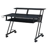 Acme 47" Inch Music Recording Studio Computer Gaming Wooden Desk with Sliding Keyboard Tray & Cup Holder, Wooden Top Shelf & Botton Metal Frame, Casters Included, Easy Assembly, Black Finish