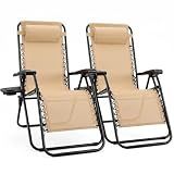 Sweetcrispy Zero Gravity Chairs, Set of 2 Portable Recliner Beach Camping Patio Outdoor Folding Lounge Chair with Cup Holder Trays and Adjustable Pillow for Poolside, Garden, Backyard, Lawn, Khaki