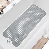 TEESHLY Bath Tub and Shower Mats, Non Slip 40 x 16 Inch Extra Large Bathtub Mat, Machine Washable Bathmat with Drain Holes, Suction Cups for Bathroom Floor, Gray