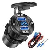 Upgraded 4 Port 12V USB Outlet Aluminum Charger, 78W Dual PD & QC Multiple USB Port for Car, USB C Cigarette Lighter Replacement 12 Volt Socket with Voltmeter Waterproof for Marine Boat Motorcycle RV