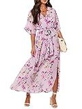 ANRABESS Womens 1/2 Sleeve Beach Wedding Guest Maxi Dresses 2025 Fall Wrap V Neck Boho Floral Flowy Slit Long Summer Dresses Floral Purple Medium