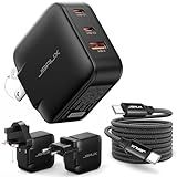 JSAUX 65W USB C Wall Charger, 3-Port GaN Fast Charger Block with Foldable Plug, Includes 6.6FT USB C Cable & UK/EU Travel Plugs, Compact Charger for Laptop, iPhone 17, Galaxy, Switch 2, Steam Deck