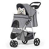 MoNiBloom 3 Wheels Pet Dog Cat Stroller for Small Medium Dogs and Cats, Lightweight Foldable Jogger Stroller w/Storage Basket and Cup Holder, Gray