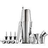 FineDine Cocktail Shaker Set with Travel Bag - Stainless Steel Shaker Set Bartender Kit - Mixology Bartender Kit - Strainer, Muddler, Jigger, Bar Spoon, Bottle Opener, Pour Spouts - Bar Set (14 Piece)