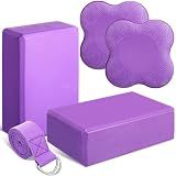 RoundFunny 5 Pcs Yoga Blocks Knee Pads Yoga Strap Set Soft Premium Foam Blocks Accessories for Pilates Meditation General Fitness Stability, Kneeling, Balance, Deepen Stretches and Toning(Purple)