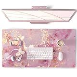 QIYI Large Mouse Pad, Cute Pink Desk Mat for Desktop, Women Girls PU Leather Desk Pad Waterproof Gaming Mousepad, Rose Gold Marble Computer Protector Writing Pad for School Office Home 31.5" x 15.7"