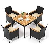 Tangkula 5 Pieces Patio Dining Table Set for 4, Rattan Conversation Set with Umbrella Hole, Seat Cushions & Acacia Wood Tabletop, Outdoor Dining Table with 4 Chairs for Backyard, Poolside & Deck