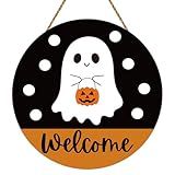 Halloween Decor Indoor Halloween Wreath Front Door Decorations Cute Ghost Decor Welcome Sign Wreath Wooden Front Door Hanger Ghost Hanging Sign for Porch Wall Indoor Home Decorations