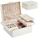 Lolalet Jewelry Box Organizer for Women Girls, 2 Layer Jewelry Organizers and Storage for Necklace Earrings Rings Bracelets, Large Jewellery Holder Case Birthday Valentine Gifts -Cream