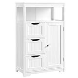 Yaheetech Bathroom Floor Cabinet Wooden Storage Organizer with 1 Door and 3 Drawers, Free-Standing Cupboard for Kitchen/Living Room/Bathroom Use, White