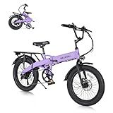 GELEISEN Folding Electric Bike for Adults, 20"×3.0 Fat Tire Electric Bicycle, 374.4Wh Battery Ebike, 20MPH Electric Cargo Bike with LCD Color Display & 6 Speed Gears (Fits for 5'0"+) (Purple)