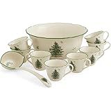 Spode Christmas Tree 10 Piece Punch Set - Fine Porcelain Holiday Serveware Includes 1 Serving Bowl, 1 Ladle & 8 Cups, 11-Inch Bowl & 8 oz Cups, Festive Christmas Tableware & Holiday Entertaining
