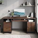 Bestier 59” Executive Desk with 2 Drawers, Computer Desk with Storage Cabinet, Industrial Wood Desk with File Drawer, Keyboard Tray & 2 Pedestals for Home Office & Studio, Cherry