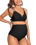 Charmo Scalloped Maternity Bikini Swimsuit Two Piece High Waist Ruched Pregnancy Bathing Suit Cute V Neck Swimwear Black L