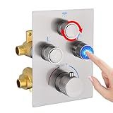 NPYSVSSS Modern Push Button 3 Way Thermostatic Shower Valve, Concealed 3 Outlet Multi Function Brass Mixer Shower Diverter Valve Kit Can Control Flow and On-Off Simultaneously, Brushed Nickel