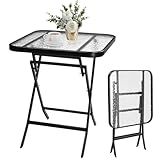 VINGLI Folding Glass Outdoor Side Table, 23.6 Inches Small Foldable Patio Bistro Table with Tempered Glass Table Top for Lawn & Garden, Balcony, Porch and Pool, Rectangular