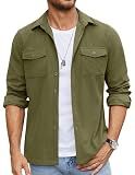 COOFANDY Men's Button Down Waffle Shirt Jacket Casual Long Sleeve Shacket Lightweight Overshirts with Flap Pockets Olive Green