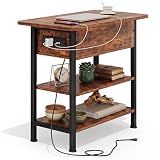 GRUSIGN End Table with Charging Station, Flip Top Side Table with USB Ports and Outlets, 3-Tier Small Side Table with Storage for Small Space, End Tables for Living Room/Bedroom, Rustic Brown