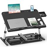 Laptop Bed Table, Potuopy Adjustable Leather Computer Lap Desk, Wide X-Large Folding Bed Desk Tray with Drawer on Couch Floor Bed for Writing Eating Drawing Working, Black