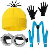 CONGRU 4 Pcs Halloween Costume Accessories Adults-Yellow Beanie Hat/Goggles/Gloves/Suspenders for Halloween Dress Up