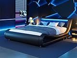 WEEWAY Modern Queen Bed Frame with RGBW LED Lights Headboard, Low Profile Upholstered Platform Sleigh Design, Strong Wood Slats Support, No Box Spring Needed, Black