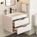 24 Inches Modern MDF Bathroom Vanity with Sink, Wall Mounted Floating Cabinets w/Double Drawers, Black Handles, White Resin Sink Combo Set (White, 24")
