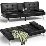 Homall Futon Sofa Bed, Leather Futon Couch with Removable Armrests, Adjustable Recliner Sleeper Sofa Bed with Dual Cup Holders for Living Room, Apartment, Office (Black)