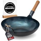 YOSUKATA 13.5” Blue Carbon Steel Wok Pan – Pre-Seasoned Flat Bottom Wok Compatible with open fire, gas, electric, ceramic, induction cooktops -Traditional Chinese Pan for Stir Fry, BBQ, Grill, Camping