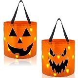 JOYIN 2 PCS Halloween Trick or Treat Bags 10 x 11.8 inches LED Light Orange Pumpkin Buckets Reusable Goody Candy Bucket Trick or Treating, Halloween Birthday Party Favor Supplies