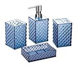 Blue Bathroom Accessories Set, 4 PCS Dark Navy Blue Bathroom Accessories Sets Complete, Diamond Pattern Bathroom Soap Dispenser and Toothbrush Holder Set, Boho Bathroom Décor and Accessories