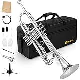 Vangoa Trumpet Bb Standard Student for School Band Brass Orchestra Adult Kid Beginner with Stand, Hard Case, Cleaning Kit, Gloves and 7C Mouthpiece, Silver