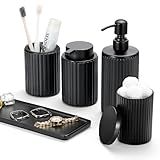 Shinowa Black Bathroom Accessories Set, 5 Pcs Bathroom Toothbrush Holder Sets with Soap Dispenser, Foaming Dispenser, Q-Tip Holder, Ceramic Tray, Bathroom Countertop Accessories Complete, Matte Black