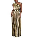AOMEI Women's Gold Luxury Metallic One Shoulder Sleeveless Elegant Pleated Long Dress (XXXL,3X-Large)