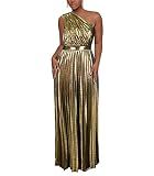 AOMEI Women's Gold Luxury Metallic One Shoulder Sleeveless Elegant Pleated Long Dress (XXXL,3X-Large)