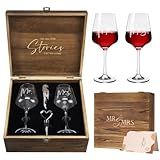 AW BRIDAL Mr and Mrs Wine Glasses Wedding Gifts for Couples 2026, Engagement Gift for Newly Engaged Couple, Bridal Shower and Bachelorette Gifts for Bride, Wine Opener Stopper and Wooden Keepsake Box