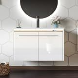 AMERLIFE 31" LED Floating Bathroom Vanity with Single Sink, Modern High Gloss Wall Mounted Bathroom Storage Cabinet with Metal Handles, White