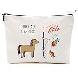 Blue Leaves 40th Birthday Gifts for Women - 1985 Birthday Gifts, 40 Years Old Makeup Bag, Waterproof, Linen, Beige, Zipper Closure, Fashion Pattern, Cosmetic Case