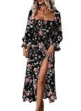 BLENCOT Women's Floral Print Puff Long Sleeve Maxi Dress Sexy Square Neck Tie Front Ruffle Hem Split A-line Beach Dresses Black M