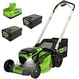 Greenworks 60V 21" Self-Propelled Cordless Lawn Mower, Brushless Motor, LED Lights, Includes 2X 4.0Ah Batteries & Rapid Dual-Port Charger(75+ Tool Compatibility, 45Min Runtime)
