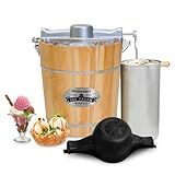 Elite Gourmet Old Fashioned 4 Quart Vintage Appalachian Wood Bucket Electric Ice Cream Maker Machine, *Bonus Classic Die-Cast Hand Crank for Churning, Uses Ice and Rock Salt Churns Ice Cream in Minute