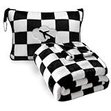Travel Blanket and Pillow Compact, Premium Soft 2 in 1 Airplane Blanket with Soft Bag Pillowcase，Hand Luggage Sleeve and Backpack Clip (Checkered Black)