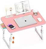 Lap Desk for Bed, Adjustable Laptop Desk with USB Charging Port, Storage Drawer & Bookshelf — Foldable Bed Desk for WFH & Students, 23.6" Desktop Fits 20" Laptop, Non-Slip, Pink