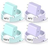 Riofxqin Compatible with Phone 14 13 Charger, 4 Pack 20W USB C Fast Charger Block with 6/10FT Fast Charging USB C to Lightniing Cable for Phone 14/13/12/11 Pro Max/Xs Max/XR/X,Ipad - Purple Green