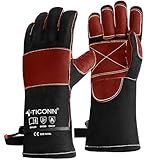 TICONN 16 Inch Welding Gloves, 1000°F Heat-Resistant Fireproof Leather Gloves for Welders, Stick, Forge, Mig, Tig, BBQ, Baking, Oven (Black/Red, L)