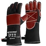 TICONN 16 Inch Welding Gloves, 1000°F Heat-Resistant Fireproof Leather Gloves for Welders, Stick, Forge, Mig, Tig, BBQ, Baking, Oven (Black/Red, L)