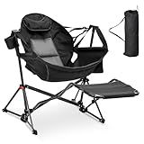 Ainfox Hammock Camping Chair with Footrest, Foldable Portable Rocking Chairs for Adults Outside Swinging Camp with Cup Holder Pillow for Outdoor Patio Poolside (Black)