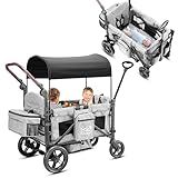 Rovique Wagon Stroller for 2 Kids,Premium Wagon for Kids with Removable Canopy, Snack Tray, Convertible Baby Bassinet, 5-Point Safety Harness, All-Terrain PU Wheels & Adjustable Push/Pull Handle,Grey